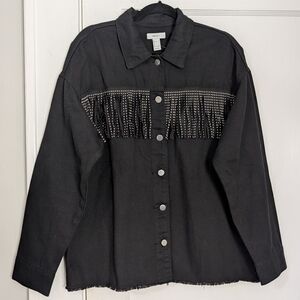 Forever 21 Black Rhinestone Fringe Shacket Jacket Snap Front L